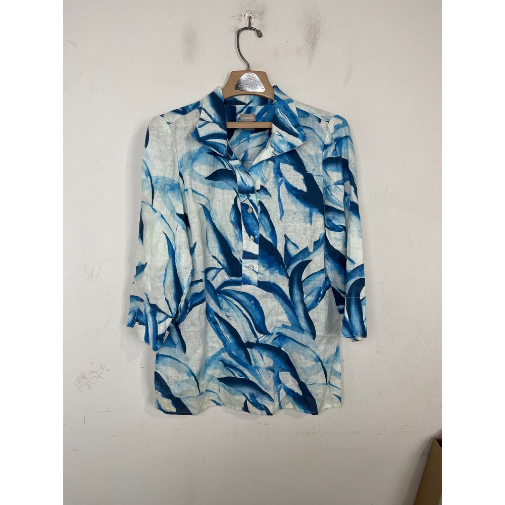 Chico's 1P Blue White Linen Botanical Leaf‎ Print Tunic Shirt Womens Size 8/10P